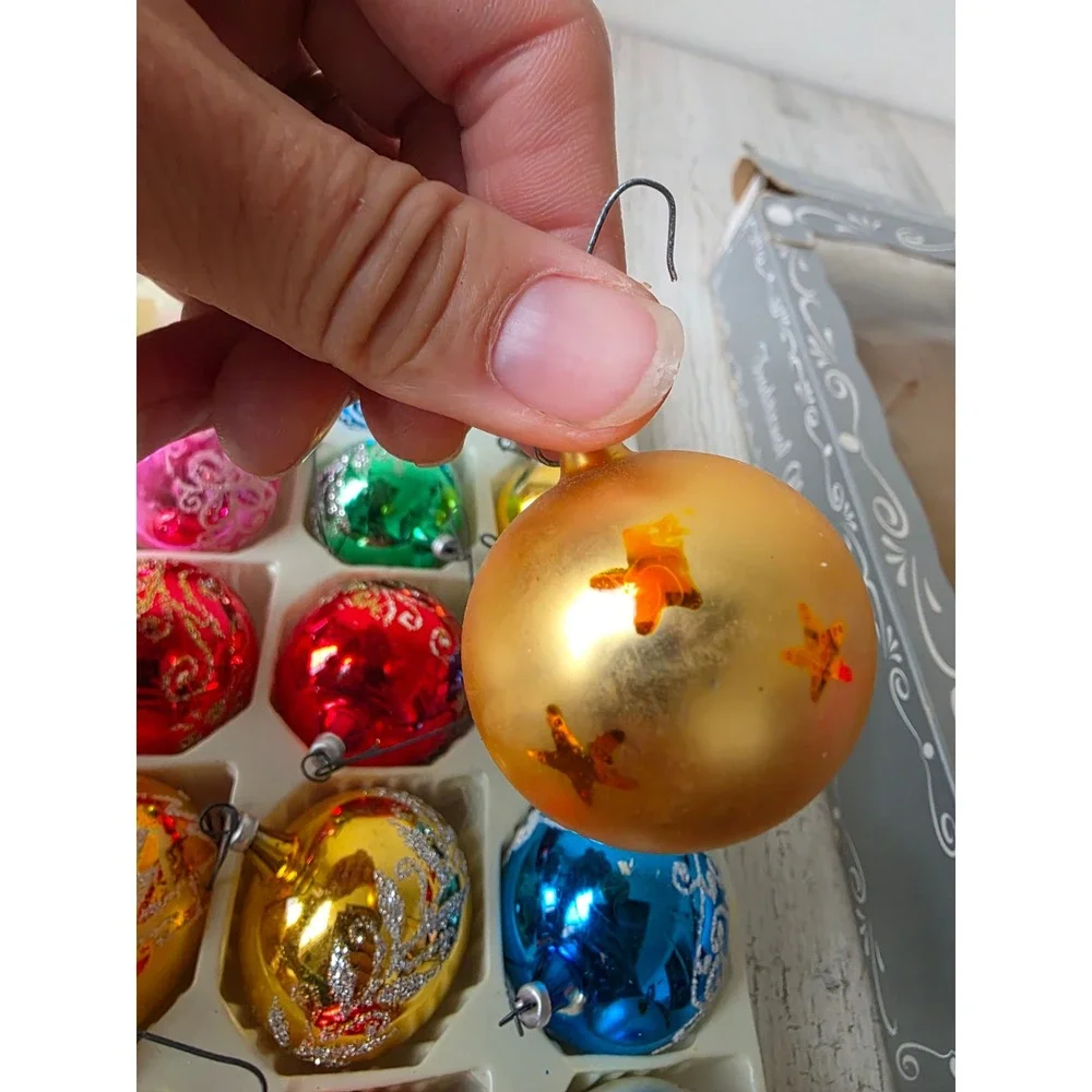 Vintage Columbia mini Mica glitter ball ornament set pink blue green red gold